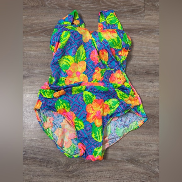 Vintage Fantasize 90s Neon Floral Bikini – Size 18W Plus Size Retro Swimwear - Picture 3 of 9